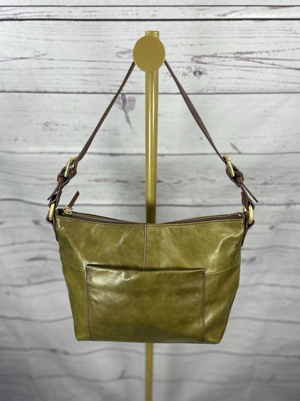 HOBO Charlie Green Leather Shoulder Bag Brown Strap Slouchy Hobo Purse